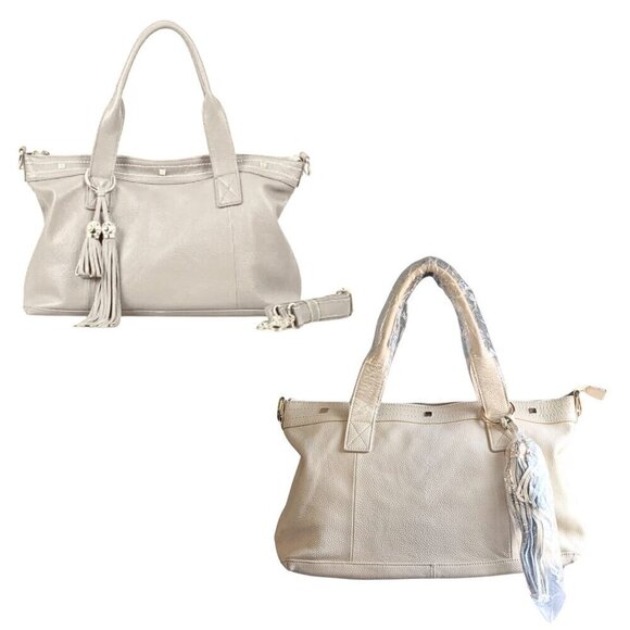 NWT CUORE & PELLE Amelia Genuine Leather Satchel in Cream & Gold MSRP $325 - Picture 1 of 9